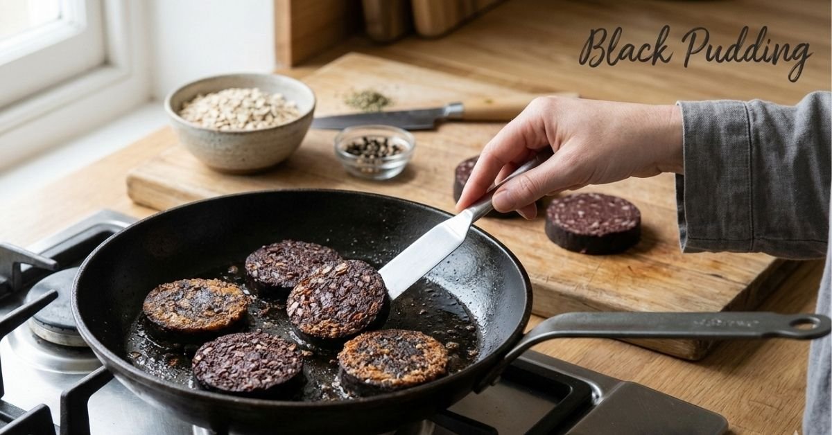 Black pudding slices frying in a pan